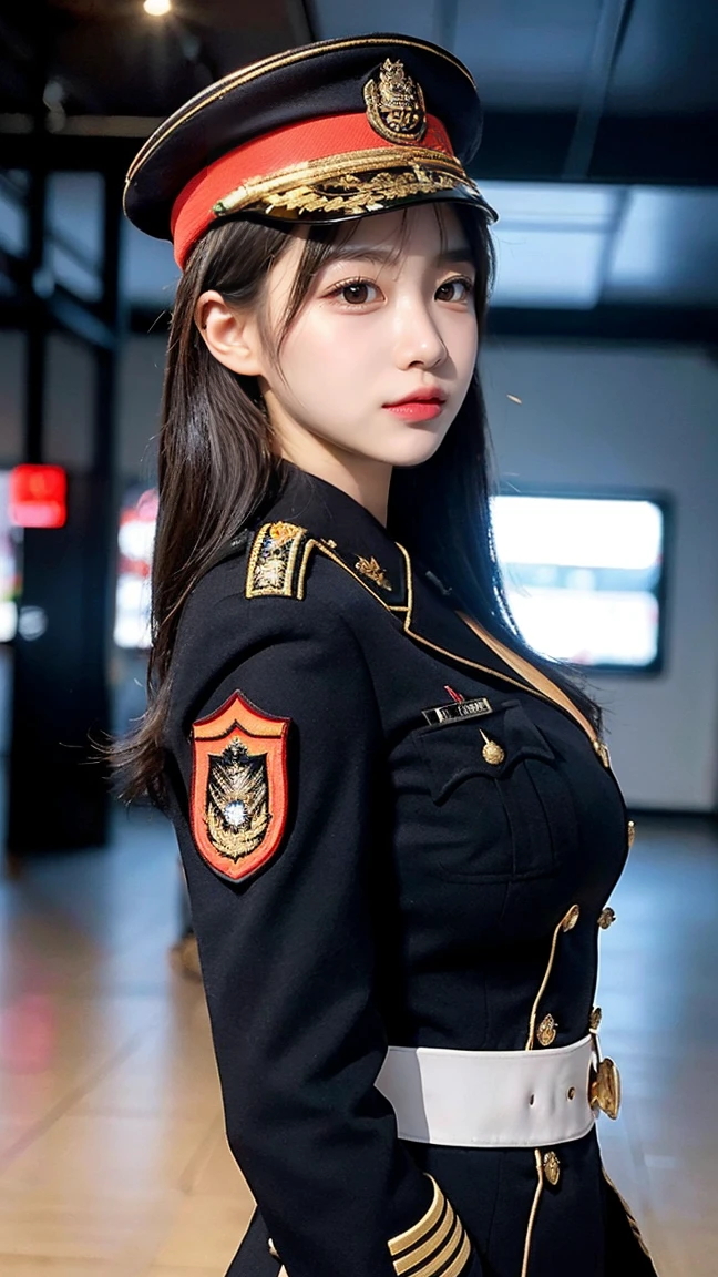 最high quality, masterpiece, 32k、Very detailed、Realistic、1 girl, Japanese women、Black and gold military uniformのコスチューム、High-grade, futuristic, sexy costume, Black and gold military uniform、US Army military uniform hat、Attractive K-pop idol-like outfits、Black and gold military uniform、class seal、Wears a black and gold military uniform hat(military officer uniform hat), Cute face, (photo Actual:1.3),Edge lighting, (Skin with attention to detail:1.2), 8K超High resolution, Single-lens reflex camera, high quality, High resolution, 4K, 8K, Optimal ratio of four fingers to one thumb, (Actual:1.3), cute 1 girl, Realistic、Super Realistic、32k、Very detailed、masterpiece, 最high quality, beautiful girl, beauty、Gorgeous girl, Medium chest、Big Ass, Narrow waist, Leg spread, Plenty of facial detail, City of the Future, Super detailed, High resolution, masterpiece, high quality, High resolution, 