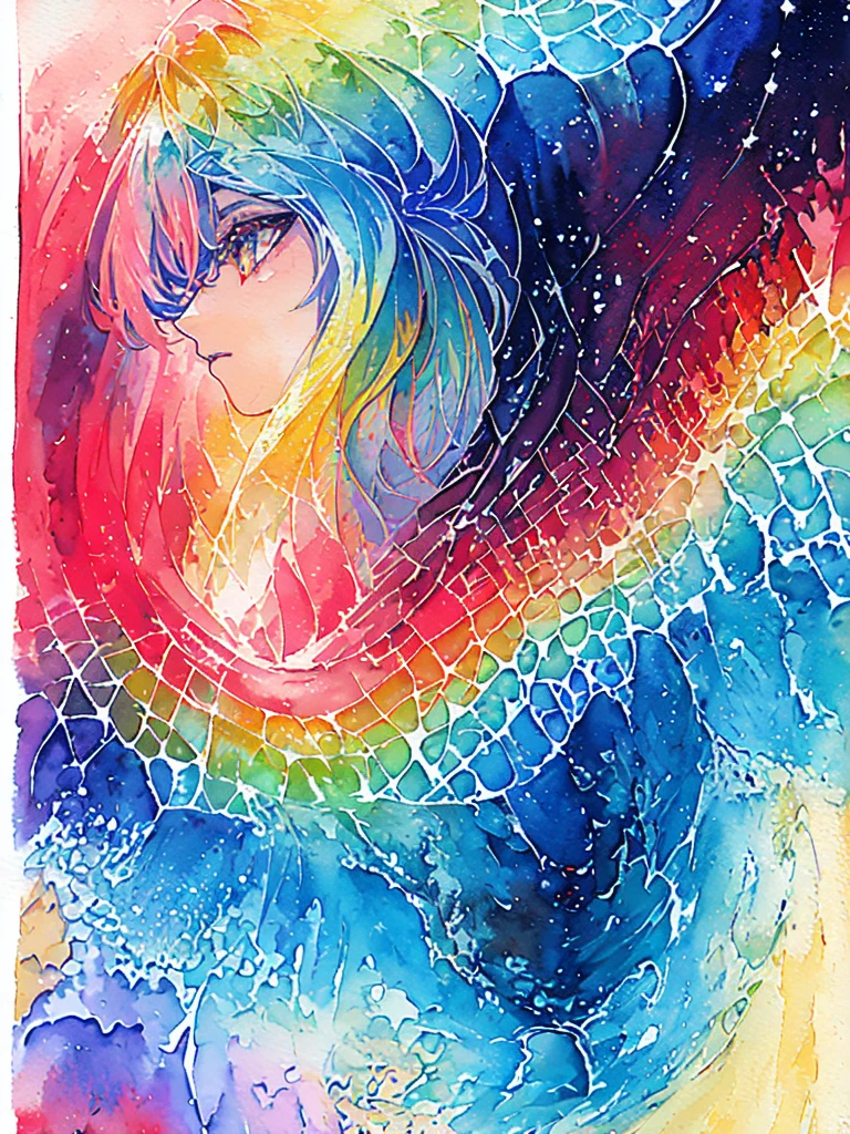 (masterpiece, top quality, best quality,watercolor (medium),official art, beautiful and aesthetic:1.2),(1girl:1.3), (fractal art:1.3),upper body, from side, looking at viewer,patterns,(rainbow color Hair,colorful hair,half blue and half pink hair:1.2),water,liquid, cloud,colorful, starry,stars,