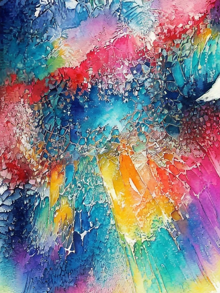 (masterpiece, top quality, best quality,watercolor (medium),official art, beautiful and aesthetic:1.2),(1girl:1.3), (fractal art:1.3),upper body, from side, looking at viewer,patterns,(rainbow color Hair,colorful hair,half blue and half pink hair:1.2),water,liquid, cloud,colorful, starry,stars,