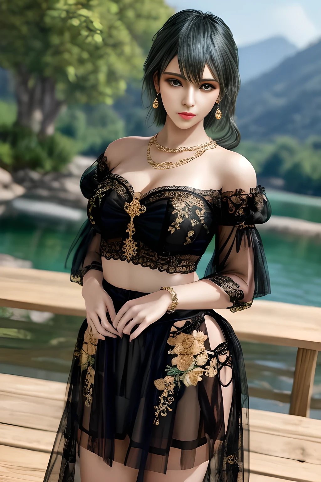 1girl,wore a black semi-transparent dress with a delicate floral pattern on the skirt. Her skirt was elegantly designed with puff sleeves and a deep V-neckline, which made her look very stylish and charming. She wore some golden accessories, including a long necklace and earrings, which added to the gorgeousness of the overall look. The background was a beautiful lake with sparkling water and green mountains and trees in the distance, showing the beauty of tranquility and nature,, beautiful detailed eyes, beautiful detailed lips, extremely detailed eyes and face, long eyelashes, best quality, 4k, 8k, highres, masterpiece, ultra-detailed, realistic, photorealistic, photo-realistic, ethereal glow, regal elegance, intricate details, luxurious, otherworldly beauty, dark atmospheric background, supernatural aura,tamaki