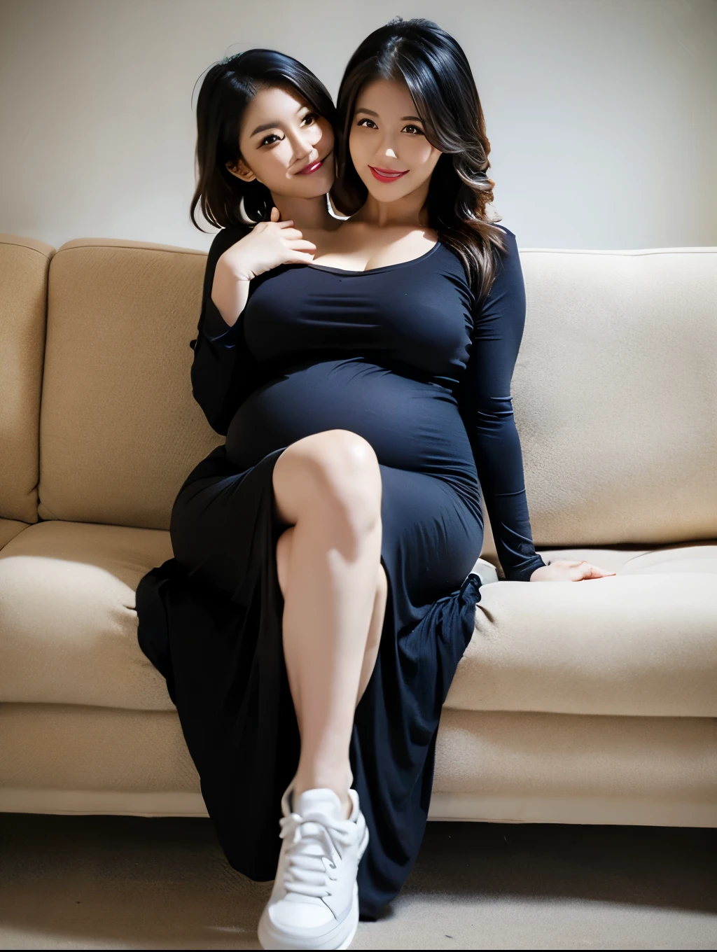 2 heads, Two mothers, 36 years old, During pregnancy, Curvy, Casual Dresses, sneakers, Happy, Sitting on the couch,