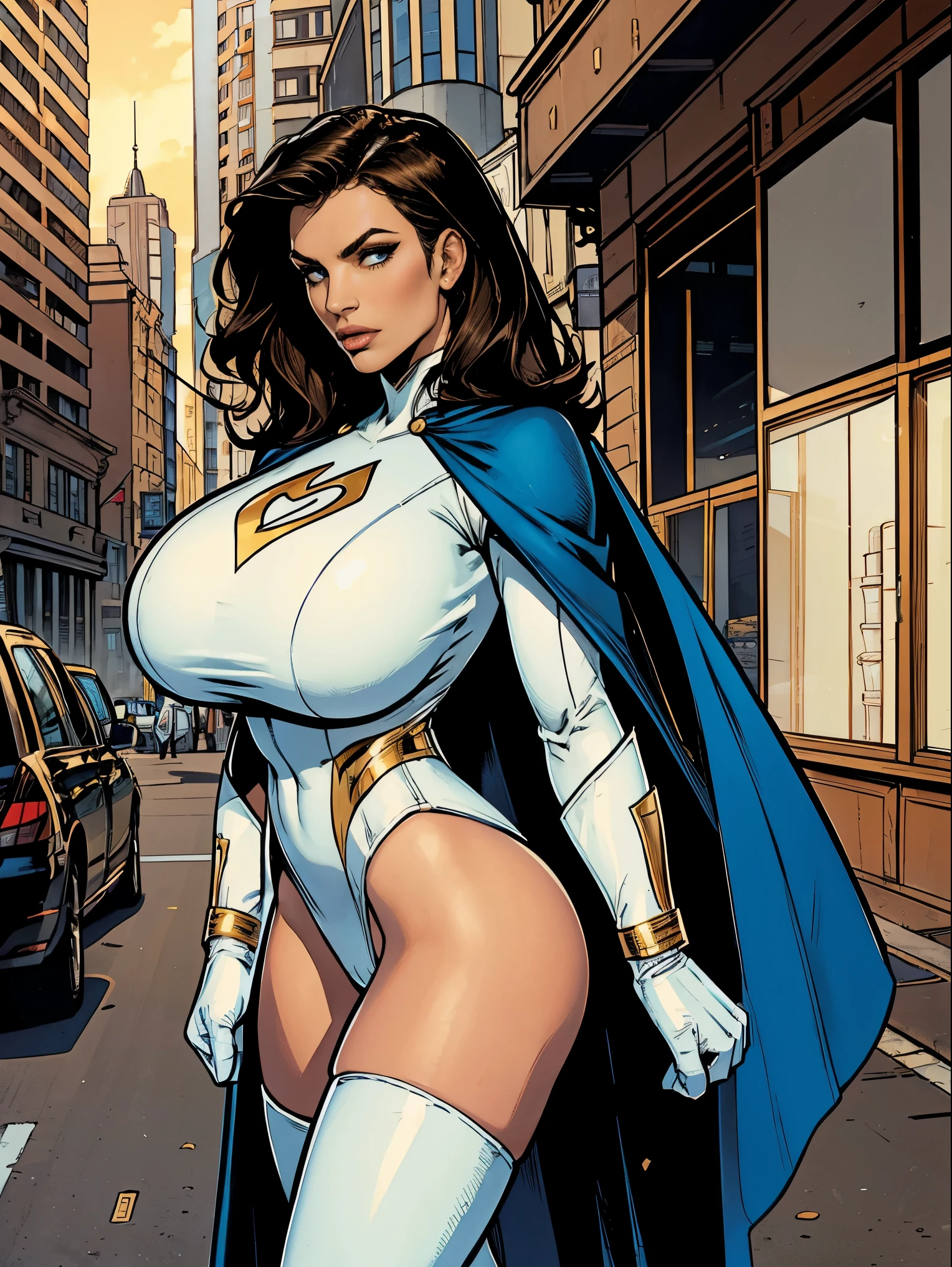 Gorgeous and sultry busty athletic (thin) brunette with sharp facial features wearing a white and gold superhero leotard, dark blue cape, gloves, thigh-high boots. Standing, city street. 