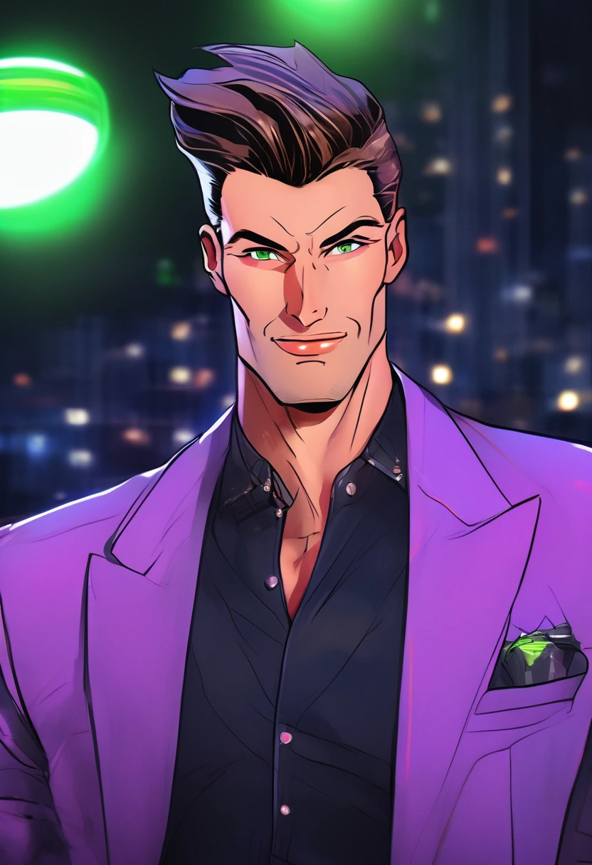 Masculine, tall, slicked back with elegant and modern quiff, middle-aged, front view, tanned, smooth, radiant, healthy skin, bright, navy blue eyes, with highlights, ((wearing purple suit with pink details)), confident smile, mouth semi-open, relaxed expression, orange and brown hair, pompadour hairstyle, shiny, detailed, (((navy blue earrings))), elegant, (((black pants))), ((((green tennis shoes)))), many accessories, full body, wearing a motorcycle, modern city background, office building, elegant, illuminated, 8k quality, extremely detailed, masterpiece, high resolution, realistic skin texture, hyper realistic, increase resolution, raw photos, best quality, highly detailed, background screen, cinematic lighting, ray trace, golden ratio, dynamic angle, close-up of face, looking at viewer, in elegant position, best posture, ((full body))