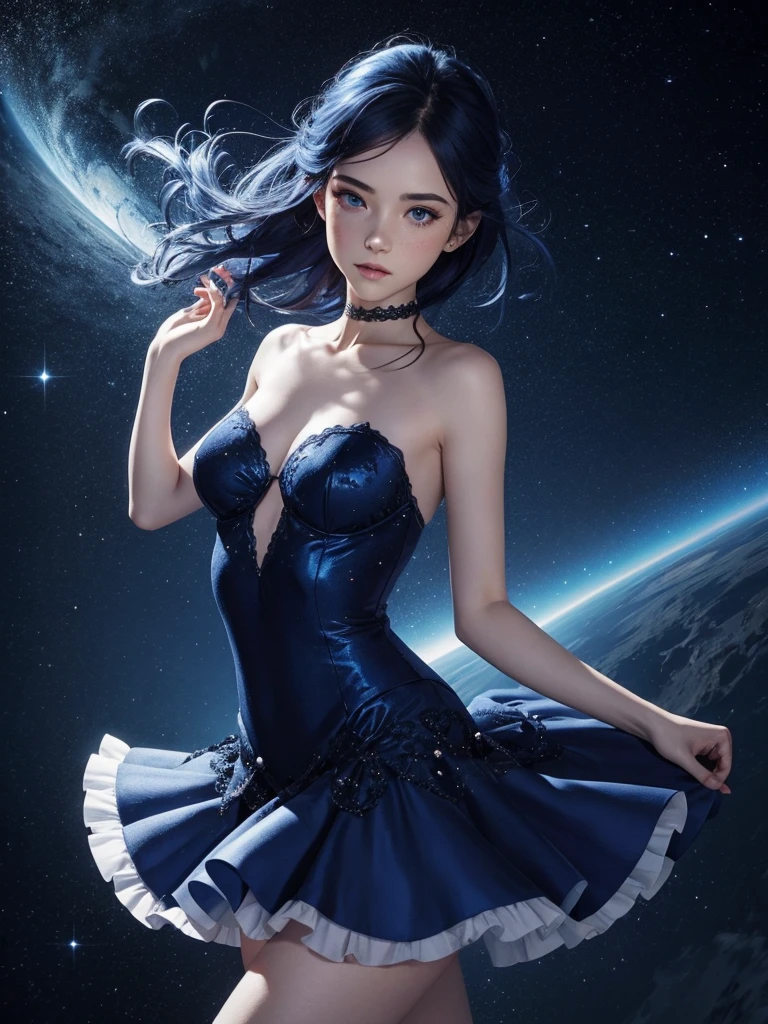 1woman, blue indigo hair, azur blue eyes, pale skin, freckles, black and royal blue ballerina dress, ballerina, arabesque pose, starry background,medium hair, medium chest