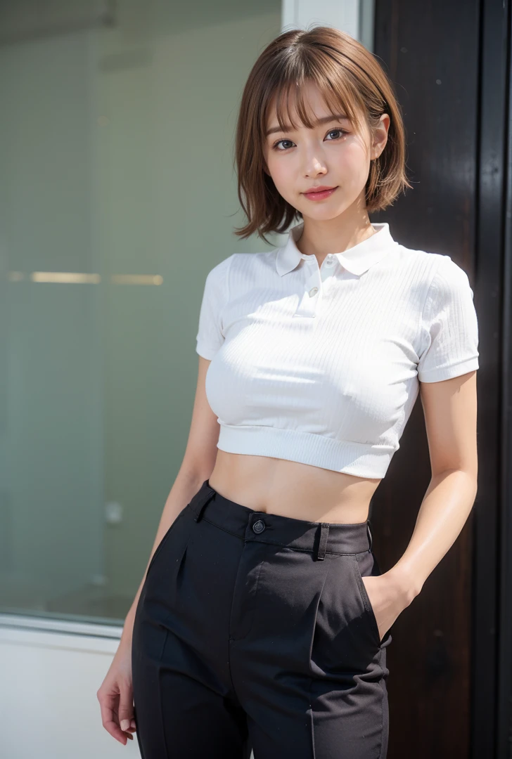 ((Are standing、Medium Short Hair、服の上からでもわかるBig Breasts、Both hands are in front of the navel、A photo showing pants through a short polo shirt、roll up one's shirt with one's hands、She is wearing a white polo shirt and luxurious white panties.、:1.4))、In the living room、Cream hair color、Her huge breasts are obvious even through her clothes....、Small earrings、Light brown hair color、:1.4))、Shiny Hair、Light beige hair color、Background Blur、Light brown hair、{{Cowgirl Shot}}、((Close-up shot from the waist up、Big Breasts:1.4))、Big Breasts、にっこりsmile、服からでも分かるBig Breasts、Cowboy Shot、素敵なsmile、((Revealing clothing))、Full body photo、ring、Tuck your hair behind one ear、Silver Necklace、smile、Caustics、Highly detailed photos、Big Breasts、Super no makeup、(8K、RAW Photos、Highest quality、masterpiece:1.2)、(Realistic、Realistic)、1 Girl、((Big Breastsショートヘア、Looking into the camera:1.4))、Hair blowing in the wind