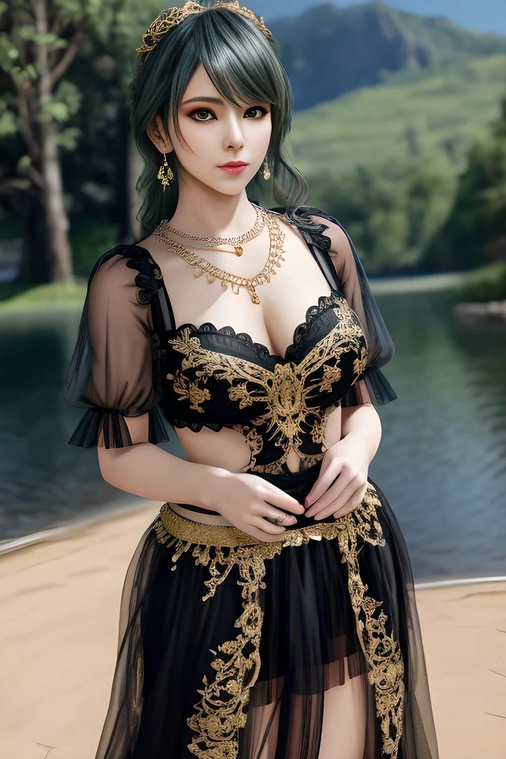 1girl,wore a black semi-transparent dress with a delicate floral pattern on the skirt. Her skirt was elegantly designed with puff sleeves and a deep V-neckline, which made her look very stylish and charming. She wore some golden accessories, including a long necklace and earrings, which added to the gorgeousness of the overall look. The background was a beautiful lake with sparkling water and green mountains and trees in the distance, showing the beauty of tranquility and nature,, beautiful detailed eyes, beautiful detailed lips, extremely detailed eyes and face, long eyelashes, best quality, 4k, 8k, highres, masterpiece, ultra-detailed, realistic, photorealistic, photo-realistic, ethereal glow, regal elegance, intricate details, luxurious, otherworldly beauty, dark atmospheric background, supernatural aura,tamaki