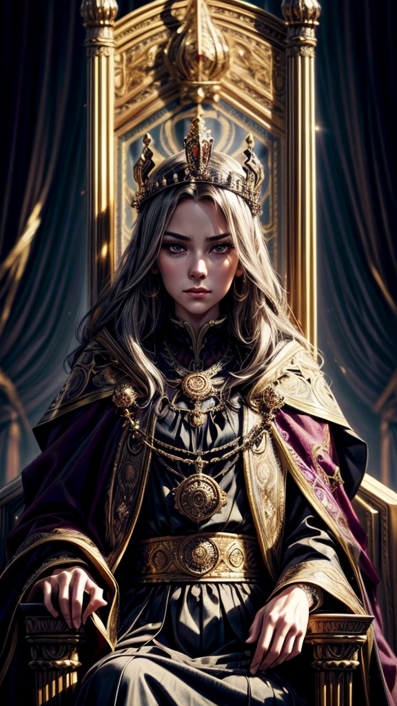 a young monarch on the throne of power, evil ministers surrounding them, detailed facial features, intricate ornate throne, opulent royal palace, dramatic lighting, muted color palette, cinematic composition, fantasy, digital art