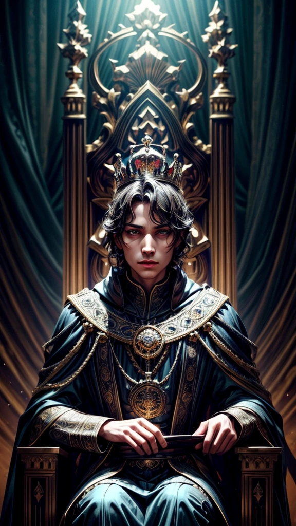 a young monarch on the throne of power, evil ministers surrounding them, detailed facial features, intricate ornate throne, opulent royal palace, dramatic lighting, muted color palette, cinematic composition, fantasy, digital art