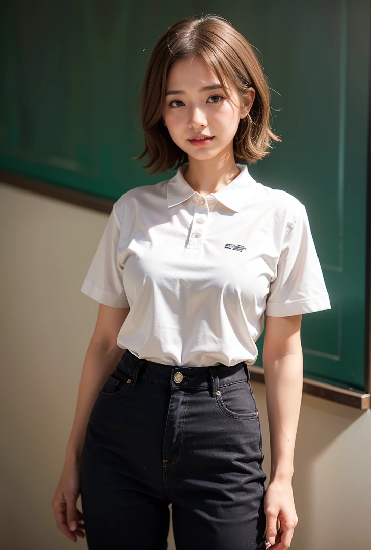 ((Are standing、Medium Short Hair、服の上からでもわかるBig Breasts、Both hands are in front of the navel、A photo showing pants through a short polo shirt、roll up one's shirt with one's hands、She is wearing a white polo shirt and luxurious white panties.、:1.4))、In the living room、Cream hair color、Her huge breasts are obvious even through her clothes....、Small earrings、Light brown hair color、:1.4))、Shiny Hair、Light beige hair color、Background Blur、Light brown hair、{{Cowgirl Shot}}、((Close-up shot from the waist up、Big Breasts:1.4))、Big Breasts、にっこりsmile、服からでも分かるBig Breasts、Cowboy Shot、素敵なsmile、((Revealing clothing))、Full body photo、ring、Tuck your hair behind one ear、Silver Necklace、smile、Caustics、Highly detailed photos、Big Breasts、Super no makeup、(8K、RAW Photos、Highest quality、masterpiece:1.2)、(Realistic、Realistic)、1 Girl、((Big Breastsショートヘア、Looking into the camera:1.4))、Hair blowing in the wind
