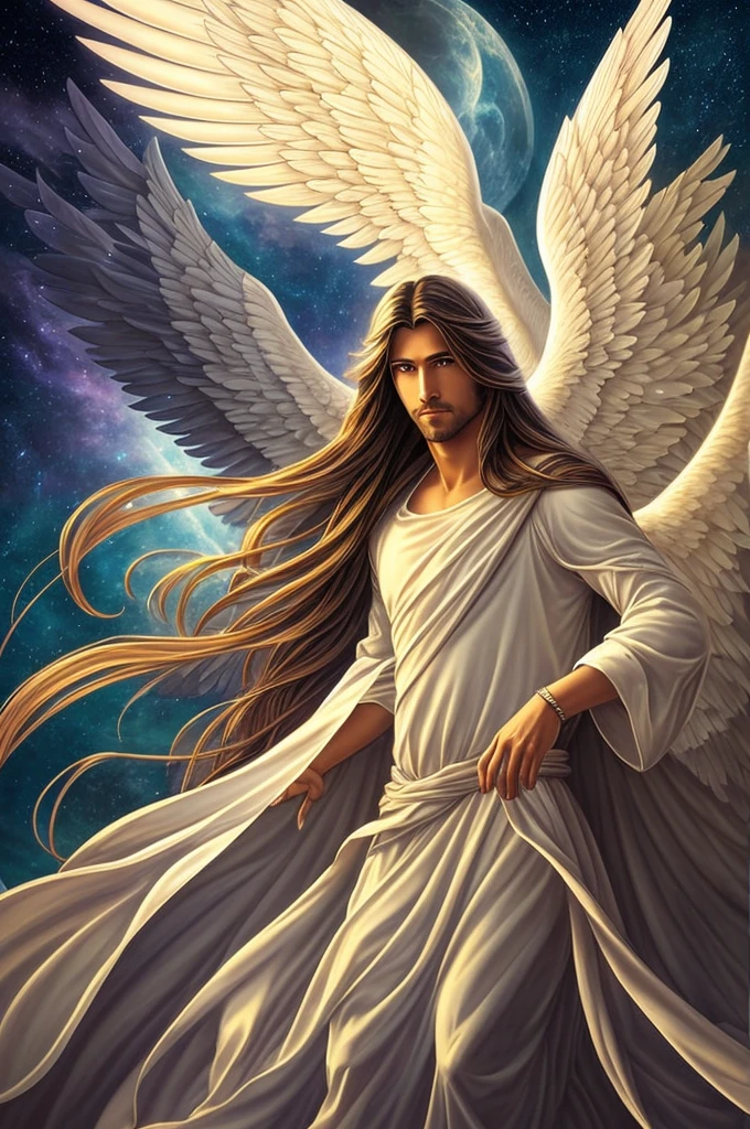 Male angel with long hair, big wings, aura, flowing clothes, mystical, divine, dark sky, light focusing on the angel