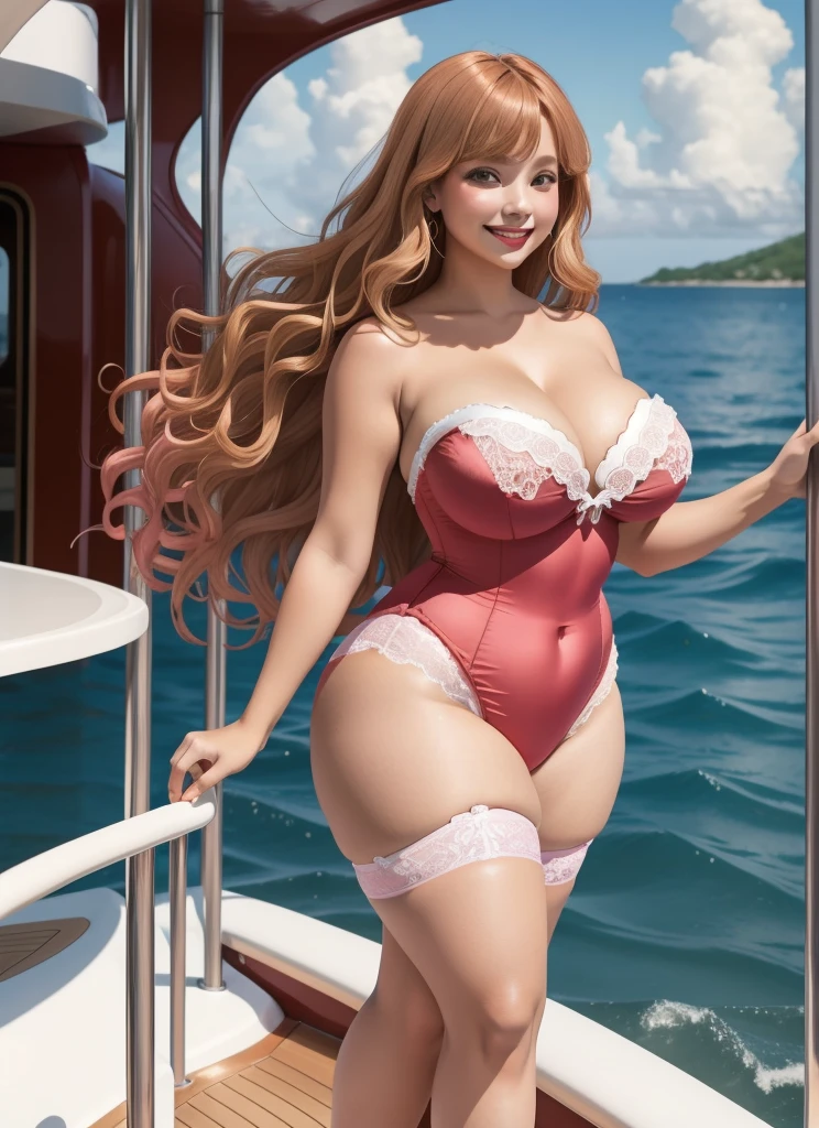 (((1girl))) DisneyAurora, 27 years old, full body view Beautiful woman (((long wavy caramel blonde hair, two side up with bangs))) defined body, voluptuous, sexy, Red lipstick, smiling, standing facing camera, ((( strapless, pink satin leotard with white lace trim))), on the deck of a super yacht anchored near a tropical island, (large_breasts:1.5) (curvy:1.4)(chubby:1.1)