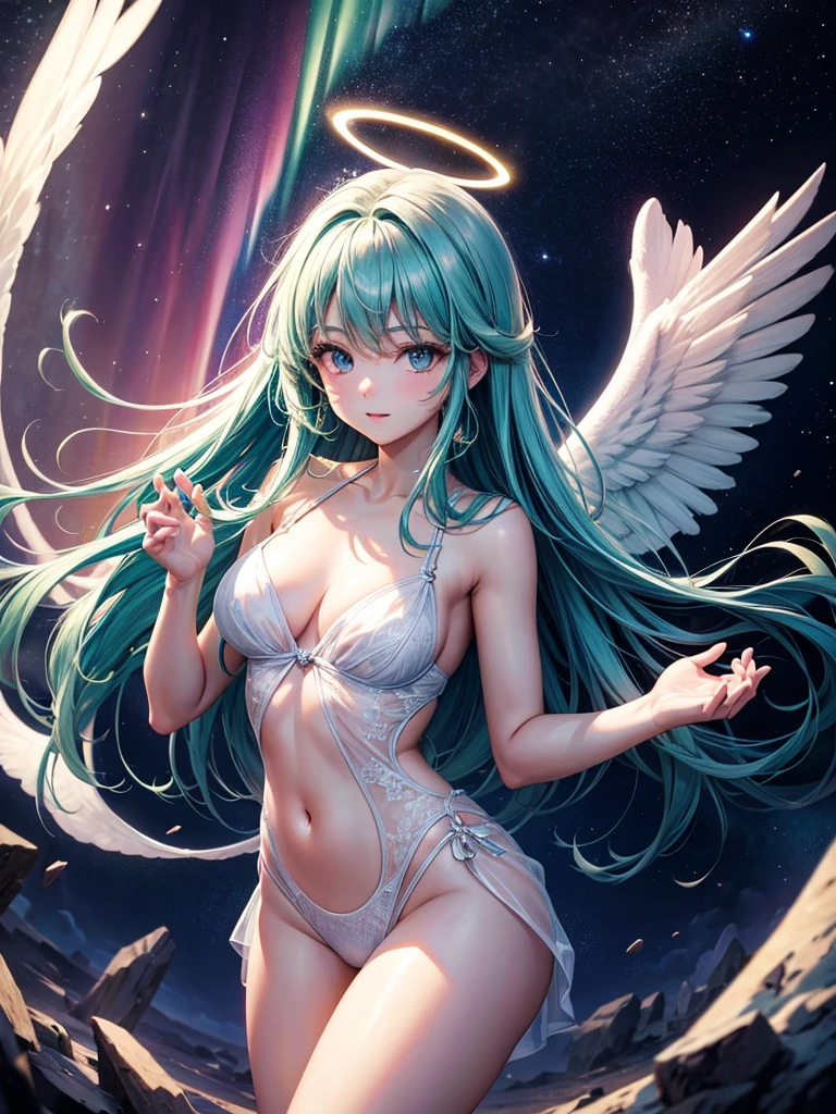 Highest quality,Highest Resolution,Sexy Angel,Aurora,Night Sky,Halo,thrust both hands forward,looking at the camera,front,whole body,