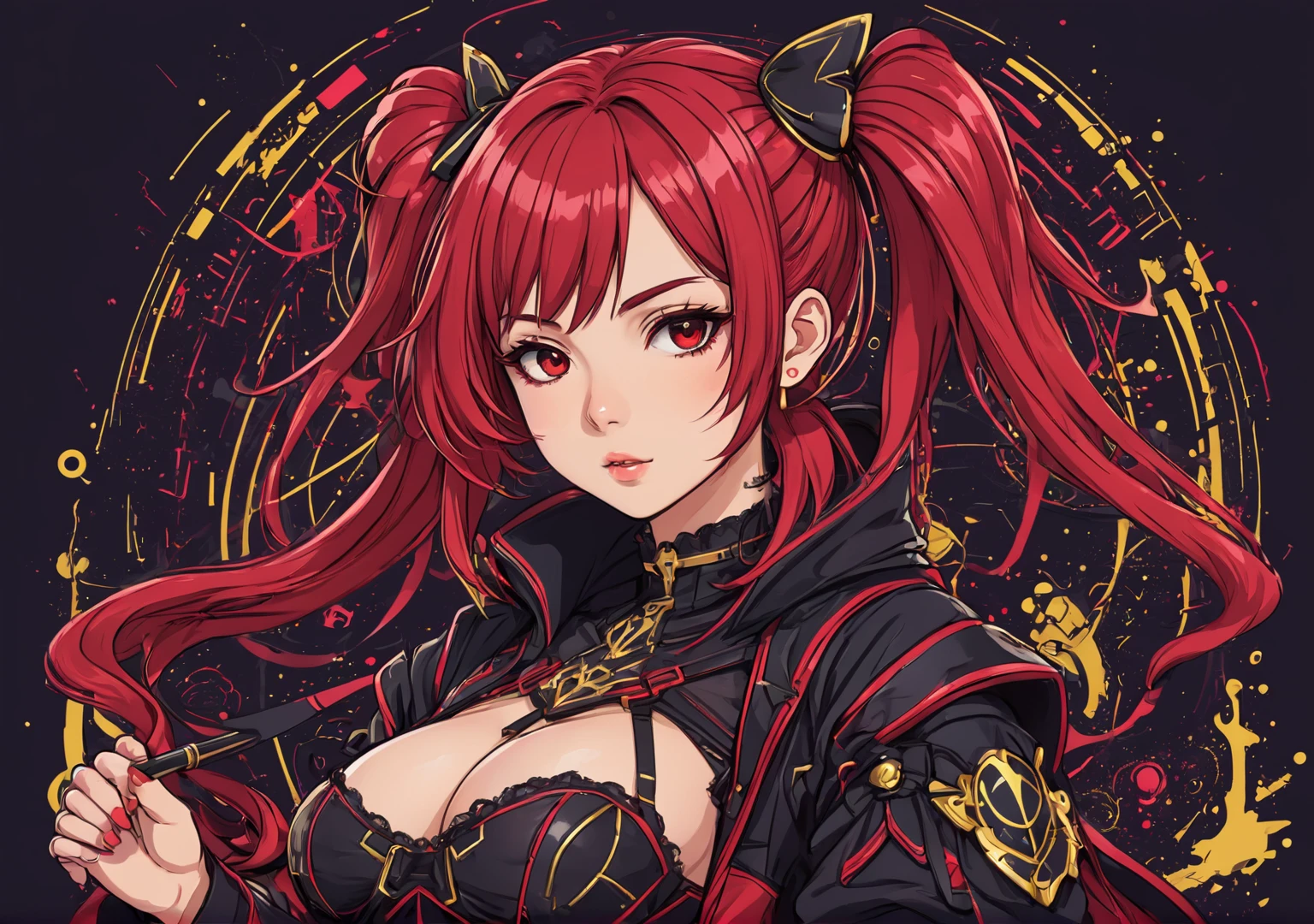 create a banner for a twitch channel with anime, A girl, kawaii, gothic, showy, ink paint line art, vector art, thick lines, glitch art, Flat colors, Clave visual, Vibrant, Technical drawing, line art, minimalist, Masterpiece, black and red hair, busty, ropa gothic, and name in gold say AUGUSTINTTPD