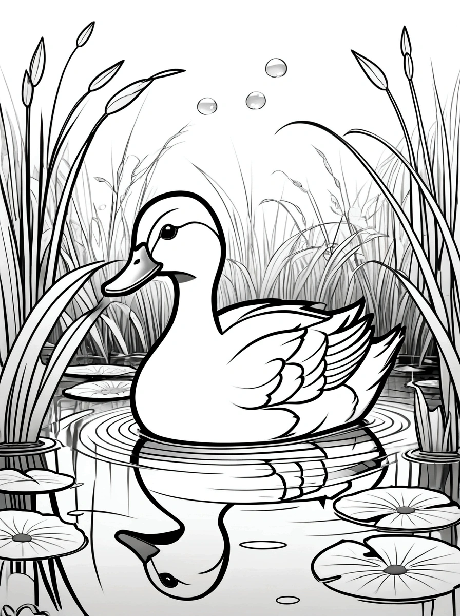 As a coloring book. White background, black and white, line drawing. No coloring. borders should be simple, clear, distinct, and thick lines. By Cartoon style of a curious duck, peeking out from behind a clump of reeds, in a pond filled with water lilies. No coloring!