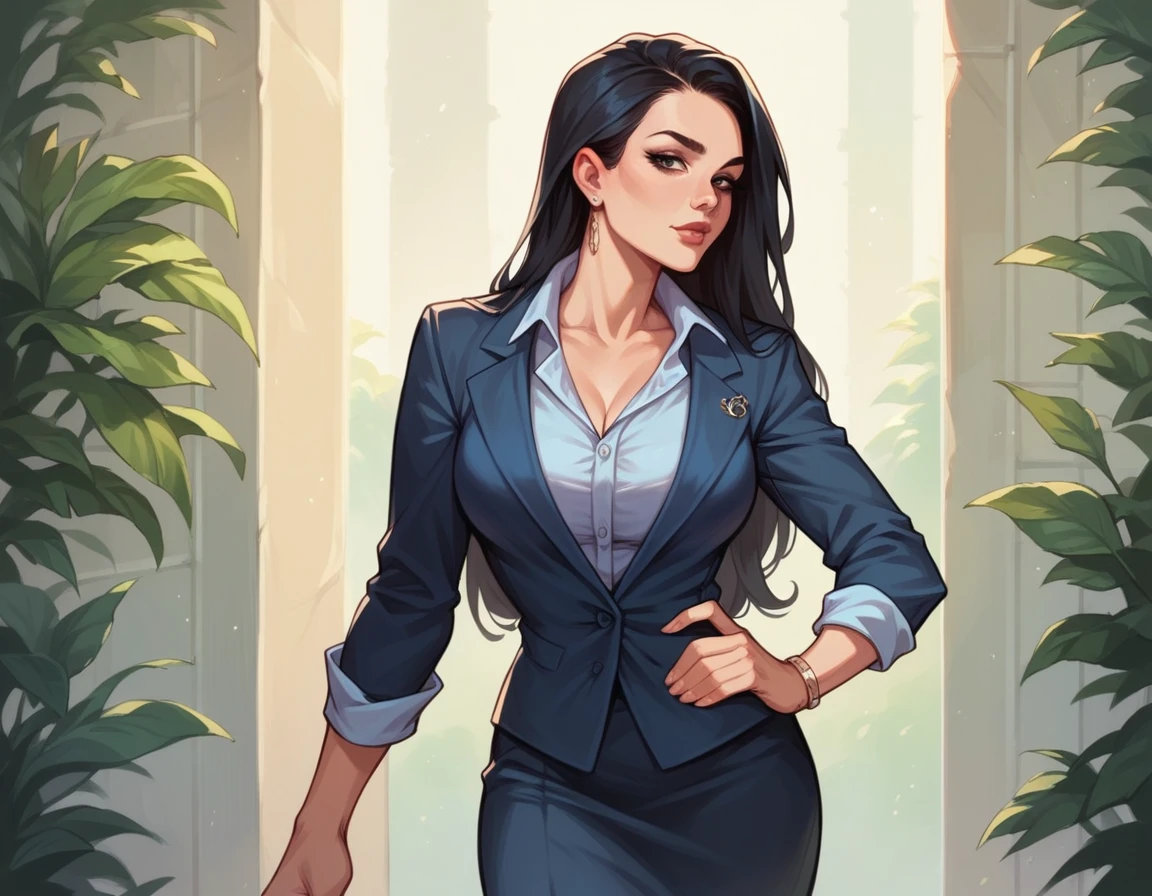 Animated realistic digital illustration of girl with long black hair and dark eyes, beautiful, powerful, businesswoman and arrogant