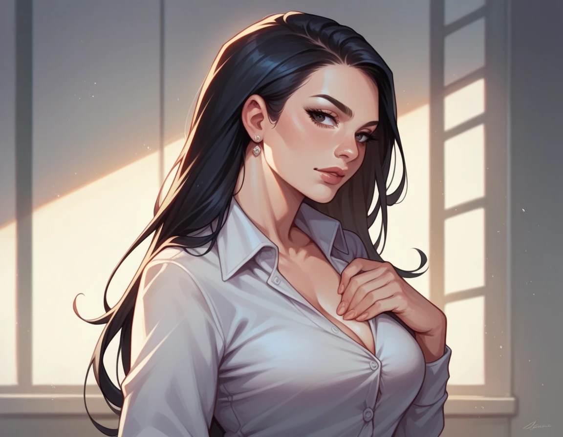 Animated realistic digital illustration of girl with long black hair and dark eyes, beautiful, powerful, businesswoman and arrogant
