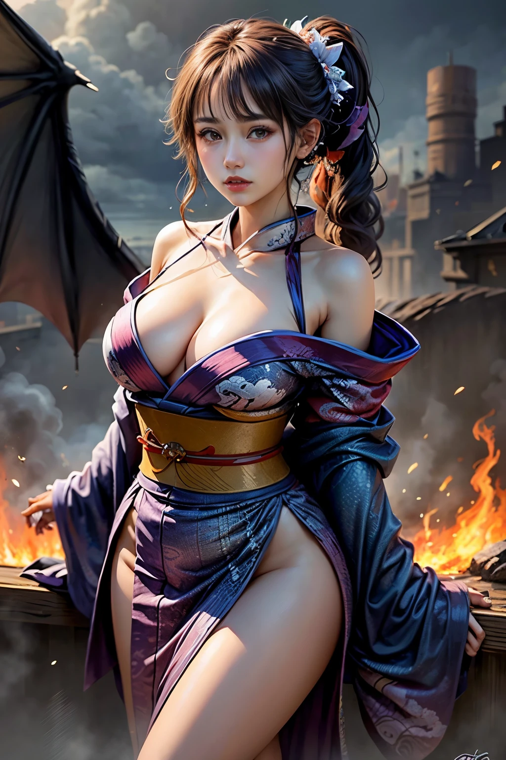 masterpiece, (best quality:1.4), Realistic, extremely detailed CG unified 8k wallpaper, Extremely detailled, High-definition raw color photos, professional photograpy, Realistic portrait, Cinematic Light, Beautiful detailed, 1girl in, Beautiful big breasts, Short ponytail, (Fine face:1.2), Long hair, Close up portrait of a girl in a completely transparent kimono with wide open front, Bare shoulders, (completely transparent kimono with wide open chest:1.4), open chest wide、Beautiful kimono with the image of a dragon, (with super huge dragon), (super huge and fierce dragon in the background:1.2), Black Dragon, details of the dragon, ((Innumerable sparkling jewels, Myriad shining jewels)), Fantasy Art, Outdoors, highly complex details, Intricately intertwined, fluttering in the sky, overlooking the clouds, rising flames, a desperate situation of crisis, transcendence realism,