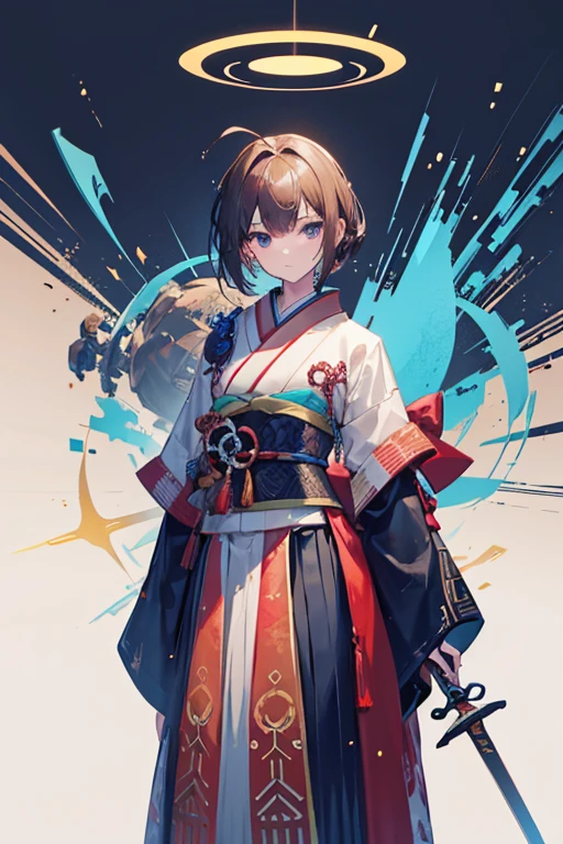 wear Kimono　Holding the sword with both hands　A humanoid machine made entirely of wood　The whole body is dark brown in color.　The wood grain pattern is all over the body.　The arms are ball-shaped and can be fitted into place, and there are holes in the torso mold so they can fit into place.　The arm joints, wrist joints, finger joints, knees, and ankles are fitted with balls.　The hip joint has two holes and the ball-shaped part on the foot side fits into place.　No antennae on the head　A glowing spherical core is embedded in the chest.　Holding a sword　The background is blue sky