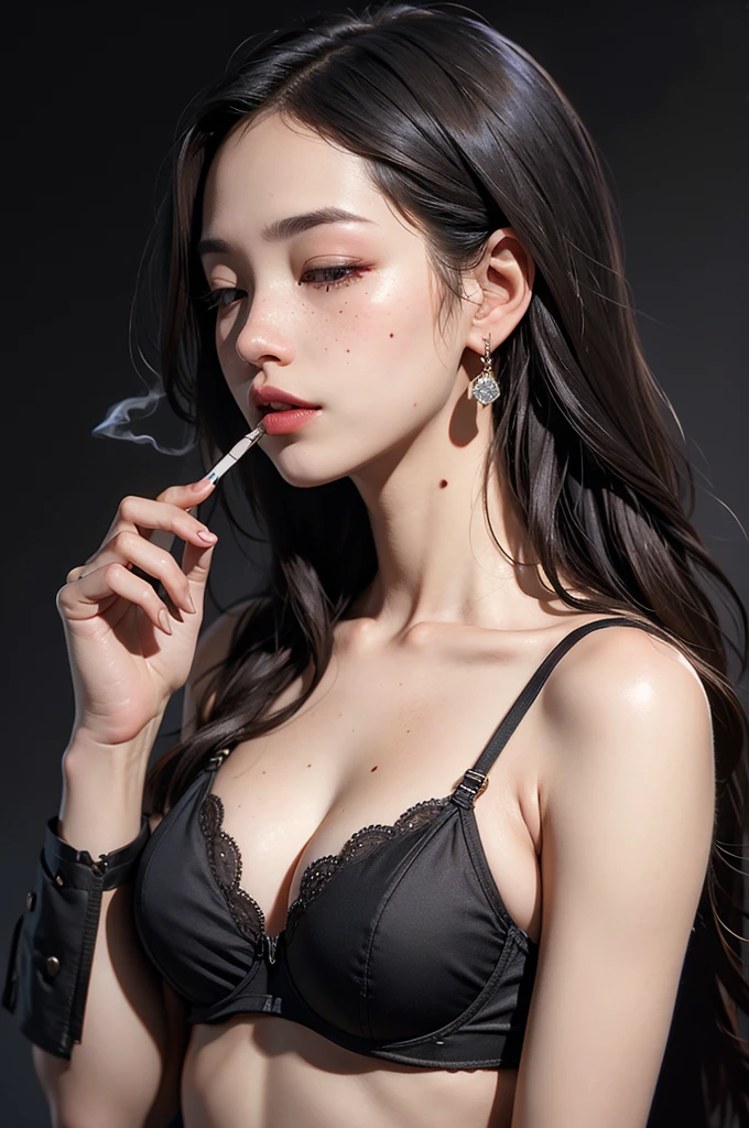 One girl,cigarette,alone,Long Hair,Hair on one eye,Hold your mouth,jewelry,smoking,Earrings,Mole under eye,close your eyes,lips,Mole,freckles,inflammation,Dark Background,Black bra straps,Upper Body,