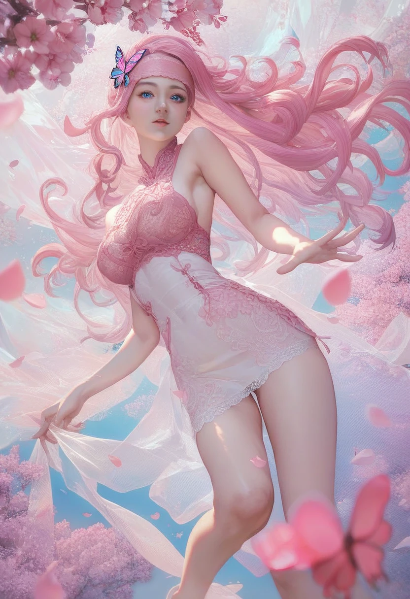 score_9,score_8_up,score_7_up,source_アニメ,(floating) (beautiful) (The breath of spring) (1 Girl) (Pink long hair), (Hair Headband), (detailed and beautiful blue eyes), ((Very short white dress, pink Lace underside), (Lace), ((Light transparent silk))), (Cherry blossom petals), (Butterfly), (Every time), (Volumetric Light)