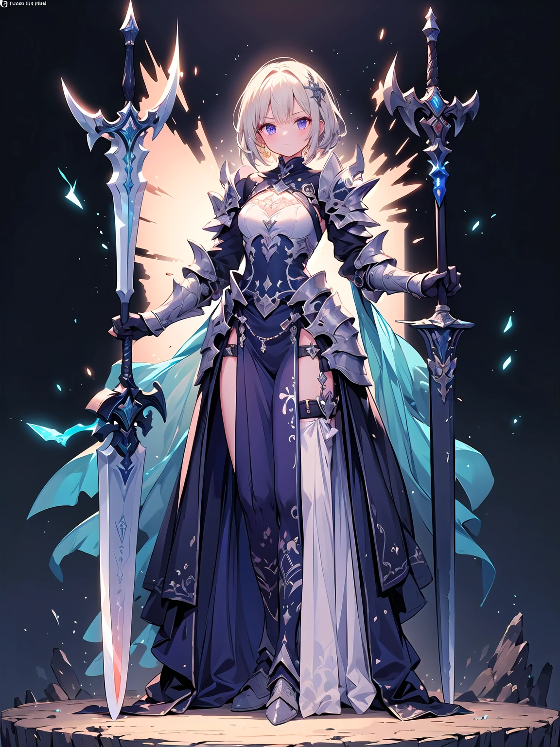 Design a layout showcase Gaming character, (1boy). Golden+Purple full body armor, stylish and unique. ((showcase weapon:1.4)), magic staff. (masterpiece:1.2), (best quality), 4k, ultra-detailed. (Step by step design, layout art:1.5), (luminous lighting, atmospheric lighting). magican, ((glove full hands)), (((revealing clothes:1.3))), vambraces, armored legwear, (((full_body_shot:1.4))).


