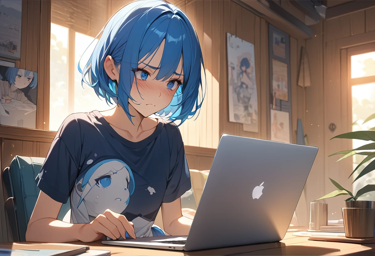 (Highest qualityのイラスト:1.2), (pretty girl:1.1), (1 girl、)、Bright blue hair、Short Bob Hair、Medium chest、Troubled face、masterpieceサイドライト、masterpiece、Highest quality、detailed、High resolution illustrations), I use a MacBook