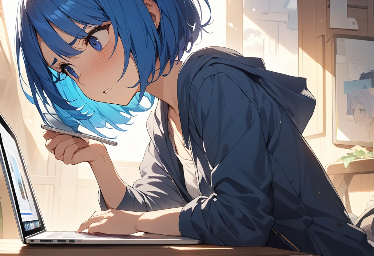 (Highest qualityのイラスト:1.2), (pretty girl:1.1), (1 girl、17 years old)、Bright blue hair、Short Bob Hair、Medium chest、Troubled face、masterpieceサイドライト、masterpiece、Highest quality、detailed、High resolution illustrations), I use a MacBook