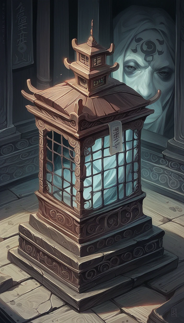 A realistic Chinese style copper and iron cage with a glowing black and white flame in it. There are mottled bloodstains on the ground. The background is an altar in an ancient Chinese tomb. Realistic character design, realistic game illustration, super detailed artwork.