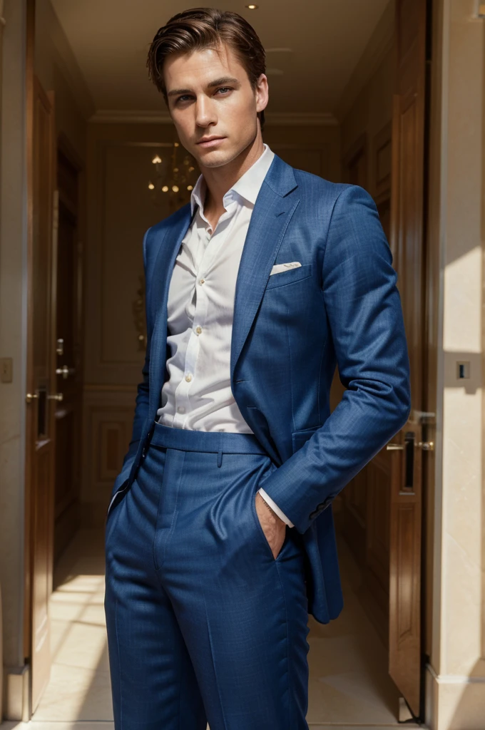 ((best quality)), ((masterpiece)), (detailed), A handsome man named William Duke, with a chiseled jawline, piercing blue eyes, short brown hair, and an athletic build wearing a tailored suit.Currently in Monaco
