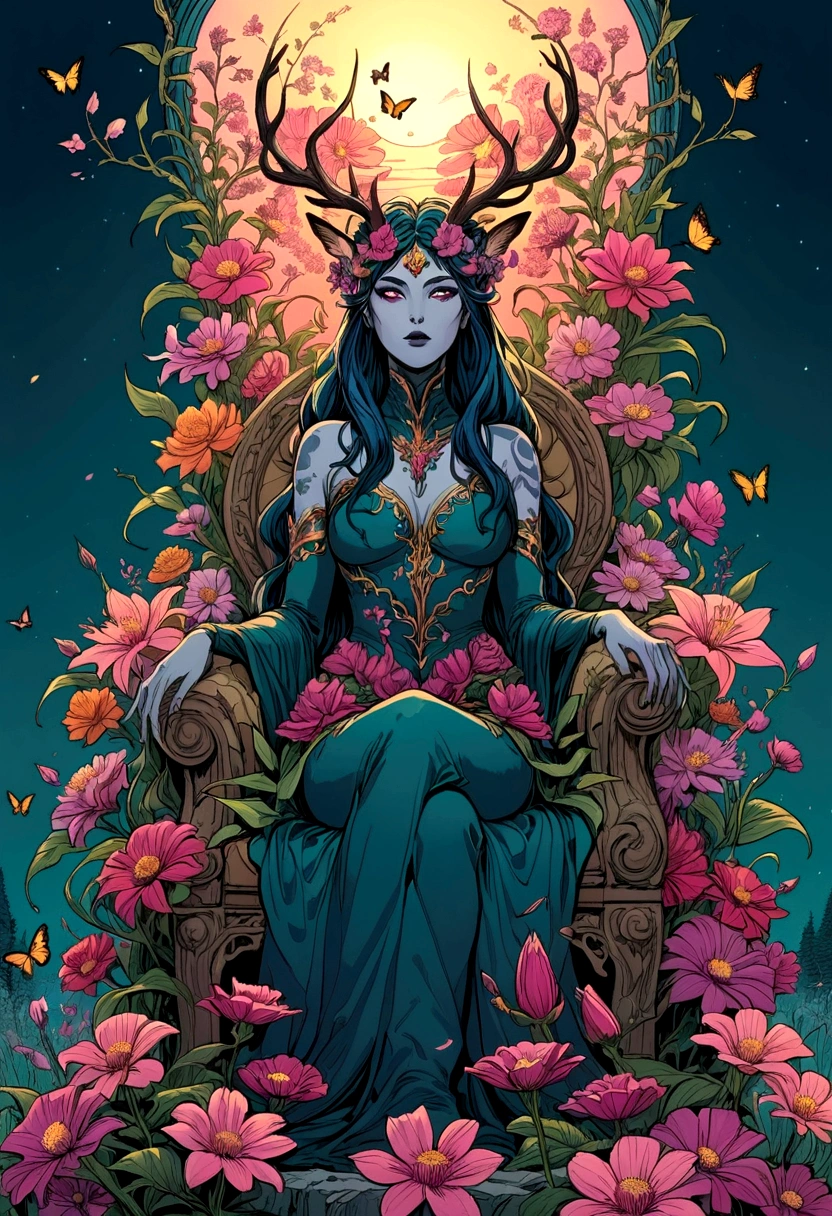 illustrate, splash page comic, 90's action cinematic, throne of power, maximal power, flourishing flowers in bloom throne, throne made of flowers and vines, rewilding, entropy, Flower feminine wendigo, wendigo features, resembles wendigo, wendigo facial features, flower horns, floating meditating seated on throne, flower hand drawn color, ink the style of sean gordon murphy and joelle jones, comic drawing, rare flowers, delicate petals, highly detailed flowers, garden, highly detailed trees and face, flower costume, detailed line art. color palette, evening dusk sunset, foreground butterflies and hummingbirds, colorful flower garden, dream garden, gardens under which rivers flow, beautiful gardens of everlasting bliss, vibrant botanical, tranquility