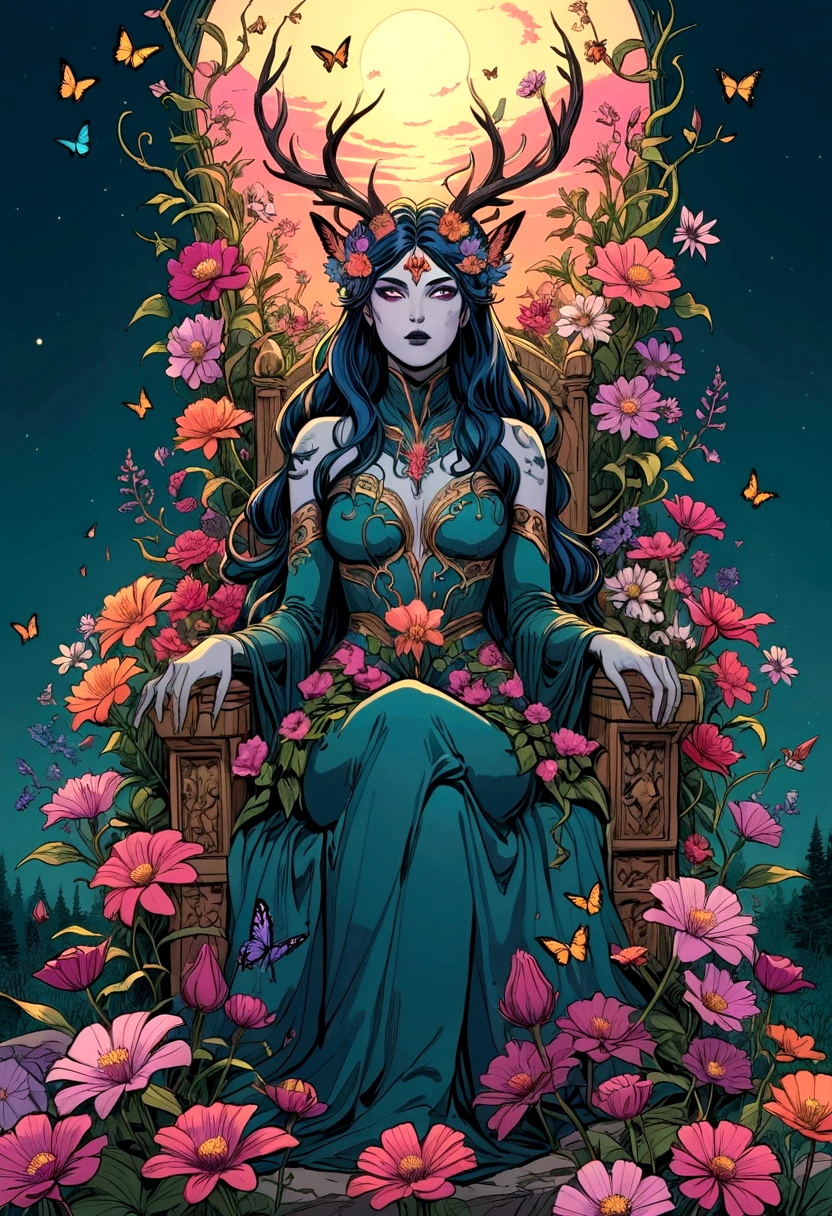 illustrate, splash page comic, 90's action cinematic, throne of power, maximal power, flourishing flowers in bloom throne, throne made of flowers and vines, rewilding, entropy, Flower feminine wendigo, wendigo features, resembles wendigo, wendigo facial features, flower horns, floating meditating seated on throne, flower hand drawn color, ink the style of sean gordon murphy and joelle jones, comic drawing, rare flowers, delicate petals, highly detailed flowers, garden, highly detailed trees and face, flower costume, detailed line art. color palette, evening dusk sunset, foreground butterflies and hummingbirds, colorful flower garden, dream garden, gardens under which rivers flow, beautiful gardens of everlasting bliss, vibrant botanical, tranquility 
