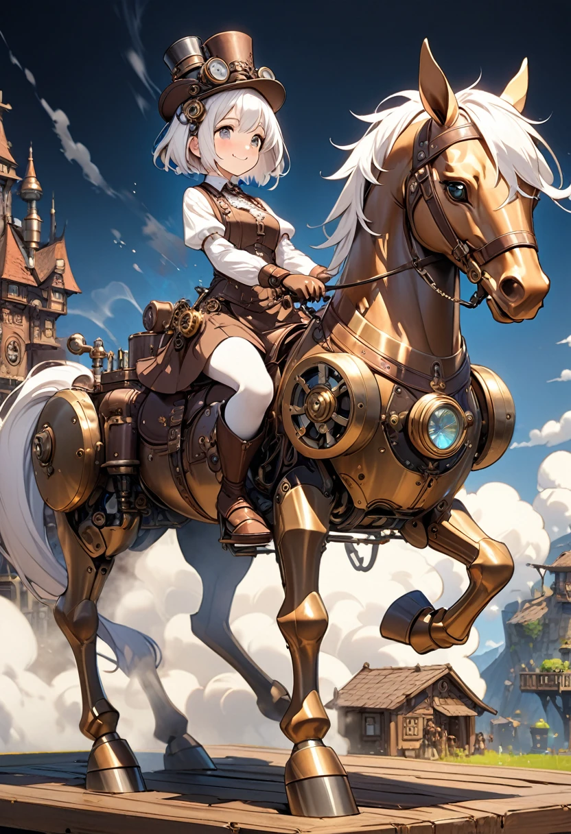A girl goes on an adventure riding a steam-powered horse in a steampunk world. ,The girl is an android that runs on steam and has a cute and comical appearance.white fluffy short hair,A brass-colored mechanical body with cute horse ears growing on its head.Horses have a cute comical and friendly appearance.A four-legged white and brass-colored mechanical horse,The fur on its tail is fluffy and steam is emitted from its nostrils.The girl is smiling and looking out over the world of steam from a horse, in a steampunk style Many villages are made up of brass-colored houses.There is a steampunk-style castle on the other side of a distant mountain.A lot of steam is discharged from the village.The idyllic atmosphere of the village, the mechanized atmosphere of mechanical devices,Vibrancy, like civilization and enlightenment,A cute depiction of the girl's mechanism,Perfect way to ride a horse,movie-like lighting,studio lighting,(High quality, high precision, masterpiece, 4k, 8k, :1.2)ultra detail , ultra-fine painting,physically based lettering,android、CG concept art,fantasy