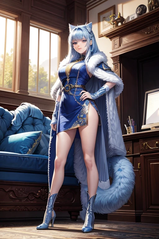 Masterpiece, 8k, art style by sciamano240, Very detailed face, Detailed clothing, detailed fabric, 1 girl, beautiful face, asymmetric long hair, light blue fur, wearing cute office clothes, dior boots, highly detailed blue cat eyes, posing standing , Nice smile, sunny office environment, full body view,