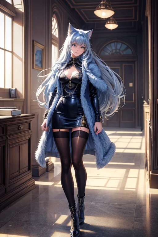 Masterpiece, 8k, art style by sciamano240, Very detailed face, Detailed clothing, detailed fabric, 1 girl, beautiful face, asymmetric long hair, light blue fur, wearing cute office clothes, dior boots, highly detailed blue cat eyes, posing standing , Nice smile, sunny office environment, full body view,