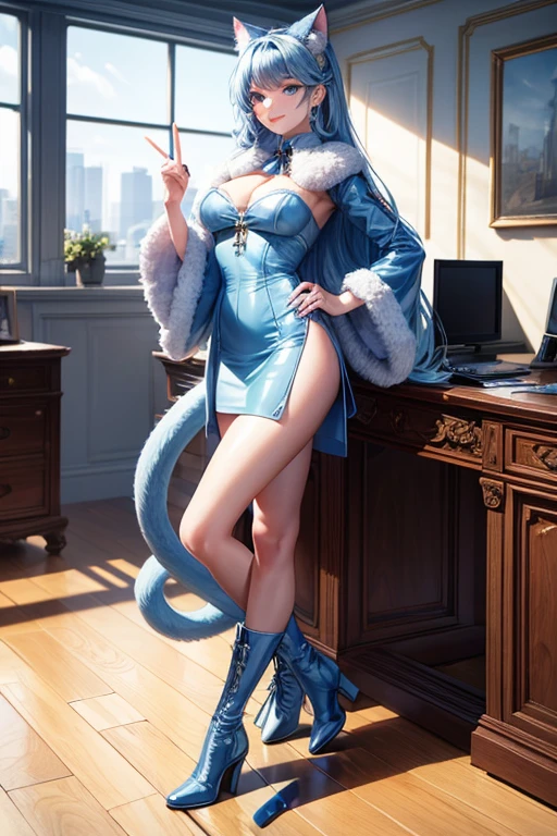 Masterpiece, 8k, art style by sciamano240, Very detailed face, Detailed clothing, detailed fabric, 1 girl, beautiful face, asymmetric long hair, light blue fur, wearing cute office clothes, dior boots, highly detailed blue cat eyes, posing standing , Nice smile, sunny office environment, full body view,