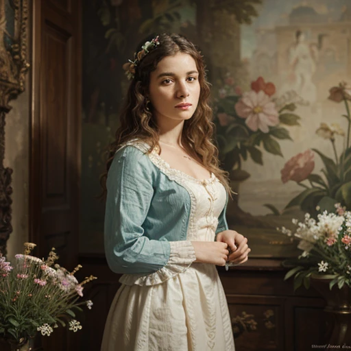 Ultra realistic photo of the historical painting Madame do Lago standing with flowers in her wavy hair