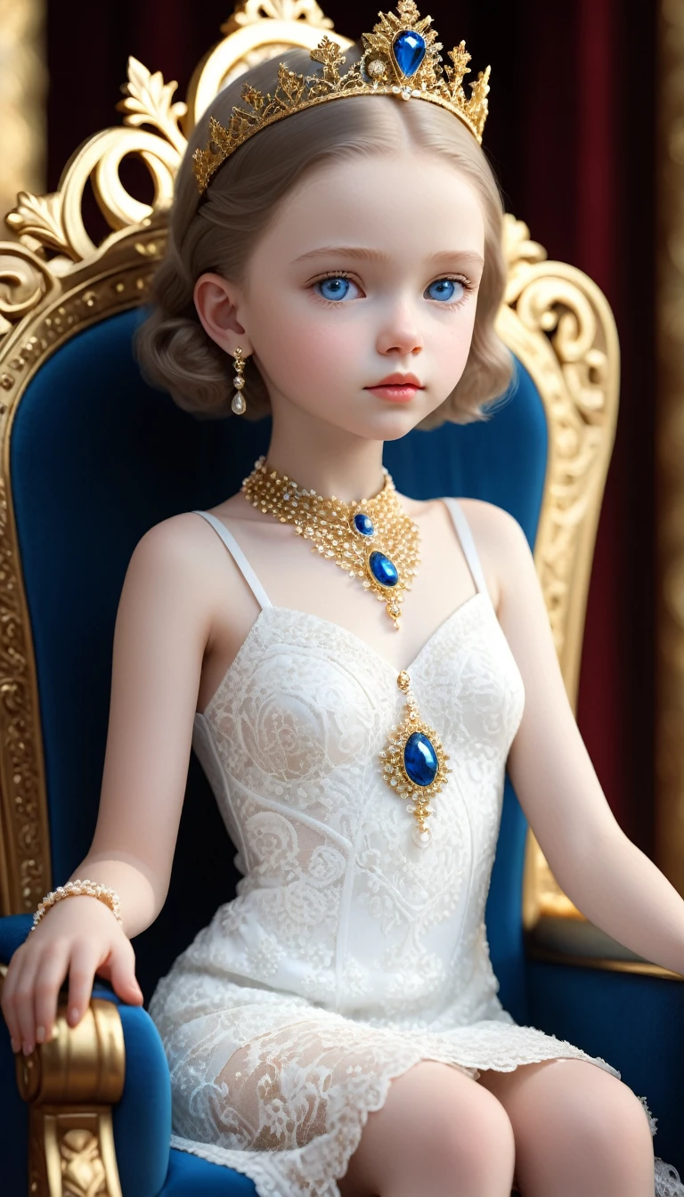 ((Bokeh:1.5)),((Soft focus:1.5)),, The Childlike queen, sitting on the majestic throne, highly detailed majestic throne, stunning beautiful young albino girl,, alabaster skin, very short brown hair,((Slicked back hair)),(head chain with jewelry stone),((viewed from side:1.2)), (looking at viewer:1.5), white royal dress, Beautiful blue eyes, soft expression, Depth and Dimension in the Pupils, She wears white delicate fractal pattern lace dress, , creating a sense of movement and depth. ,3d toon style