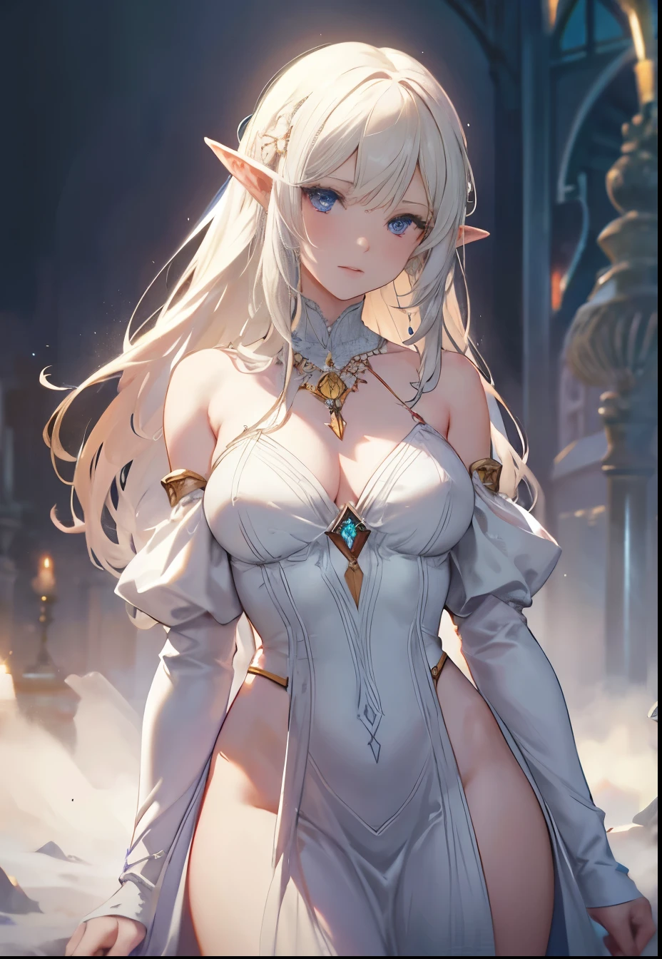 4D、Elven Woman,27yo,（8K picture quality、high-detail、​masterpiece、ultra-definition）、Ray traching、a blond、a blond、white  hair、long、((Black skin))、high-detail skin、(scarface),Slit skirt,a miniskirt