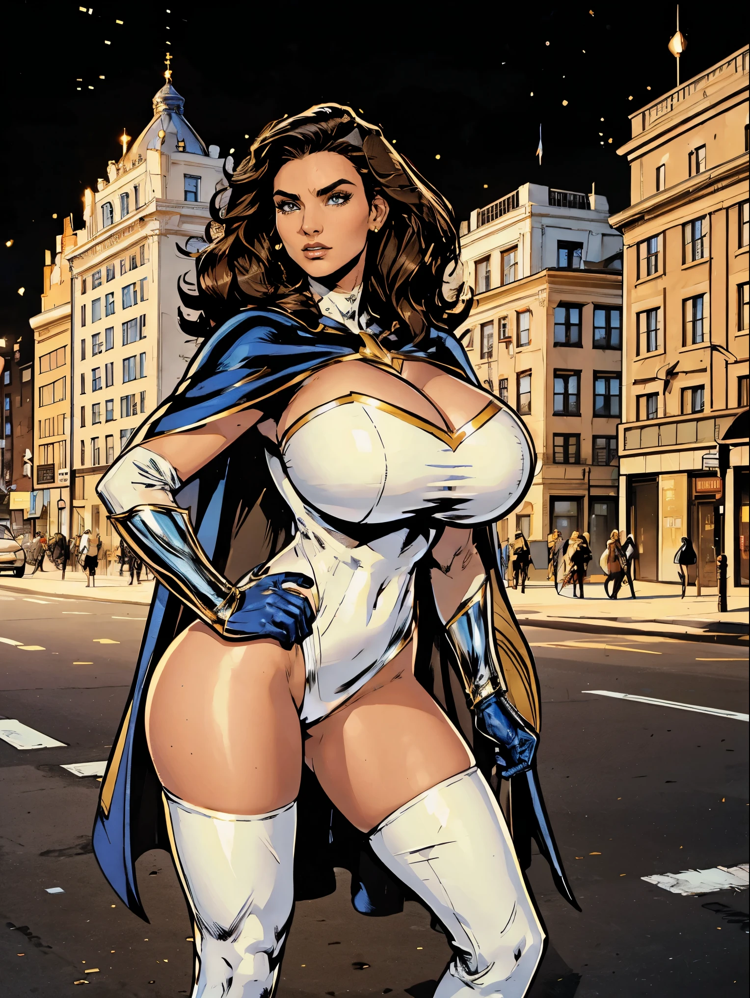 Gorgeous and sultry athletic (thin) brunette with sharp facial features wearing a white and gold superhero leotard, cape, gloves, thigh-high boots. Standing, city street. Muscle.