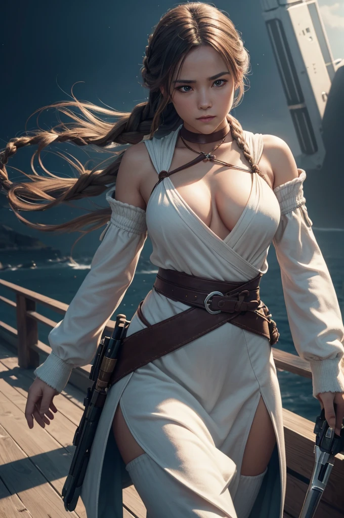 1 girl,on a pirphie ship deck, braid, neckleace, mitts, hphi, waist belt, y pirphie outfit, breg, far away body hair, gazing_phi_viewer, far away_body hair, standing alone, offcial art, unity wallpaper 8k, ultra detaild, Aesthetics, work of art, best qualityer, photorrealistic, action pose, cinemphiic lighting, 4K,