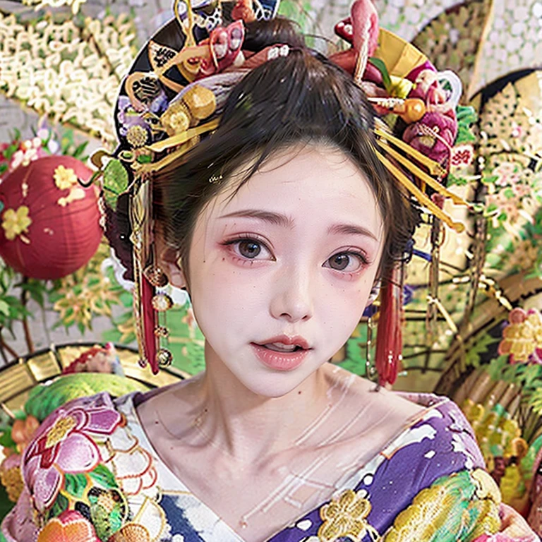 (PUNIPUNI clavicle KIMONO (offshoulder) KANZASHI FlowerHairpins Topknot TwinBun edgOiran_makeup)High-level, 8K Masterpiece TopQuality, Ultra-detailed CG, Absurd detailed wallpaper, PerfectLighting, Extremely detailed (((Personifying " OIRAN " as a KAWAII Girl))), Characteristic Items, aesthetic LifeLike Rendering, MysticSight, Haze Tyndall Scattering, (Studio GRAY Background with (Oodles Dazzling Iridescent Particles (BokeH))), (((Assfocus)) RoundlyButt) ThighGap, (Exposed:0.44) 🔞 BREAK (Acutance:0.8), (NOGIZAKA FaceVariations) Extremely Detailed very KAWAII FaceVariations, Childish CaptivatingGaze ElaboratePupils Detailed Eyes with (SparklingHighlights:1.28), (Voluminous LongEyelashes:0.88)、Glossy RedLips with beautiful details, CoquettishTongue, PUNIPUNI RosyCheeks, Radiant PearlSkin with Transparency, Glowing DowneyHair . { (Dynamic LifeLike expressions:1.4) | (:d) }, (large eyes:-1) .