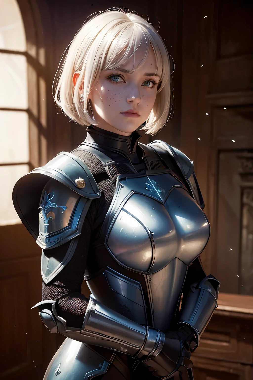 extremely detailed CG unity 8k wallpaper) full shot body photo of a devout sister of battle, portrait, action scene, ((extreme close up:1. 4)), beautiful sister of battle woman holding a standing in front of a stained glass window, (blush), ((air tank on back)), ((fleur de lys armor)), ((fleur de lys face tattoo:1. 2)), ((purity seals on armor)), (bangs), (freckles:0. 9), detailed symmetrical face, ((white hair:1. 4)), (bob cut hair), (ice blue eyes), reflective eyes, dark eyebrows, mascara, makeup, (dark lipstick), (warhammer power armor), ((intricate sisters of battle power armor:1. 2)), (red pelvic curtain:1. 2), ((red armor:1. 4)), sci fi nun armor, ((black armor)) (matte armor), drawn in warhammer 40k style, (vines and ivy), marble walls, dust particles, detailed lighting, rim lighting, dramatic lighting, chiaroscuro, (from side), from above, professional majestic impressionism oil painting by Waterhouse, John Constable, Ed Blinkey, Atey Ghailan, Studio Ghibli, by Jeremy Mann, Greg Manchess, Antonio Moro, trending on ArtStation, trending on CGSociety, Intricate, High Detail, dramatic, makoto shinkai kyoto, trending on artstation, trending on CGsociety