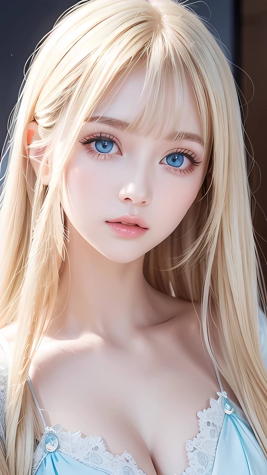 A very cute blonde beauty、Very beautiful bright pale light blue large eyes、Very big eyes、Gloss Face、Snow-white glossy skin、Cheek gloss highlighter、Super long hair、Ample Bust、Beautiful long bangs、Small Face Beauty、round face、eyeliner
