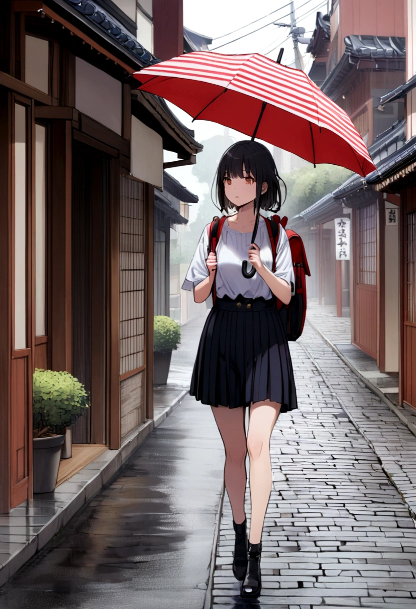 Girl walking through town,Holding an umbrella,Backpack,it&#39;s raining,Walking in Kyoto,hot pants,White Shirt,