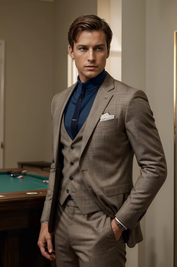 ((best quality)), ((masterpiece)), (detailed), A handsome man named William Duke, with a chiseled jawline, piercing blue eyes, short brown hair, and an athletic build wearing a tailored suit. I'm playing casino

