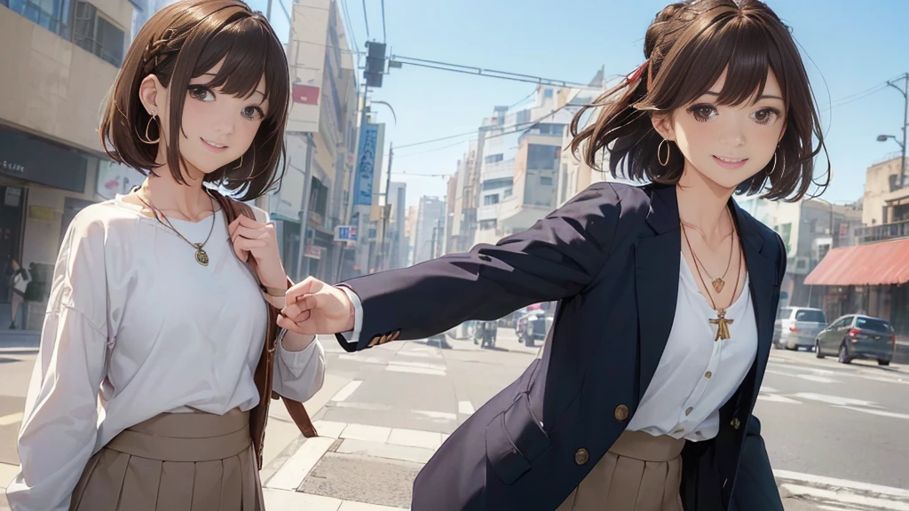 女sex1人、The background is a skyscraper、A busy shopping street under a railway overpass(high quality:1.2),最high quality、masterpiece、High resolution)、((sex、))、(Detailed depiction of a beautiful face）、Suit jacket(1.8）、Suit pants(1.8）、Suit skirt(1.8）A kind smile、Medium Short Hair、Brown Hair、（最high quality:1.2)、Very detailed、High resolution、masterpiece:1,2、Bright colors、Bokeh、Professional Lighting、Physically Based Rendering、Flat Color:0.8、Fine Illustration、Realistic:1.37、Makoto Shinkai style、Name Style、Light Brown Hair、Elegant update、Short Bob、の若い女sex、Laugh together、Dynamic poselip、cheek(Dark Brown Hair/)bangs、cheek(direction)、(最高masterpiece1.2)繊細なイラストVery detailed、Break Blue Sky、Detailed Background、、、A shy smile、Through clenched teeth、Clench your teeth、lip、cheek(Flat Color: 0.8)、(masterpiece: 1,2)、(masterpiece: 1,2)、High resolution、超High resolution、最high quality、High resolution、Ultra-thin illustration、Makoto Shinkai style、Your Name is Style、long hair、Short Bob、necklace、Earrings、Dynamic pose、Selfie、whole body、Brown Hair、Braiding、Hair Bun、ponytail･Hair Bunスタイル、necklace、Valletta、ribbon、Earrings・アニキュア,