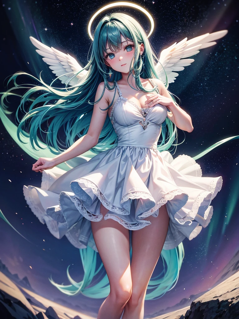 Highest quality,Highest Resolution,Sexy Angel,Aurora,Night Sky,Halo,thrust both hands forward,looking at the camera,front,whole body,