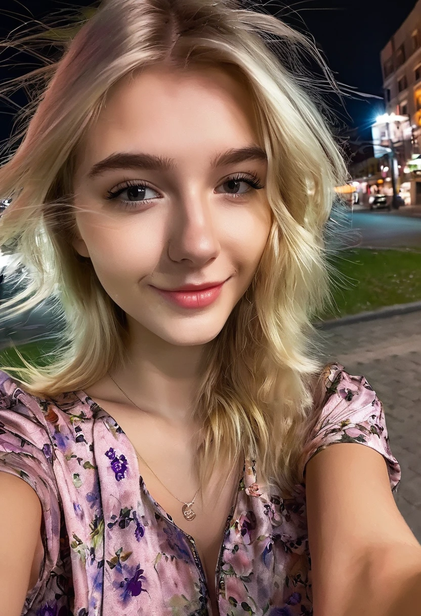 Cute blonde girl 19 years old, (((taking a selfie))), on the street, night, smiling, sexy hairstyle, sexy little blouse, (((hair in the face in the wind)))