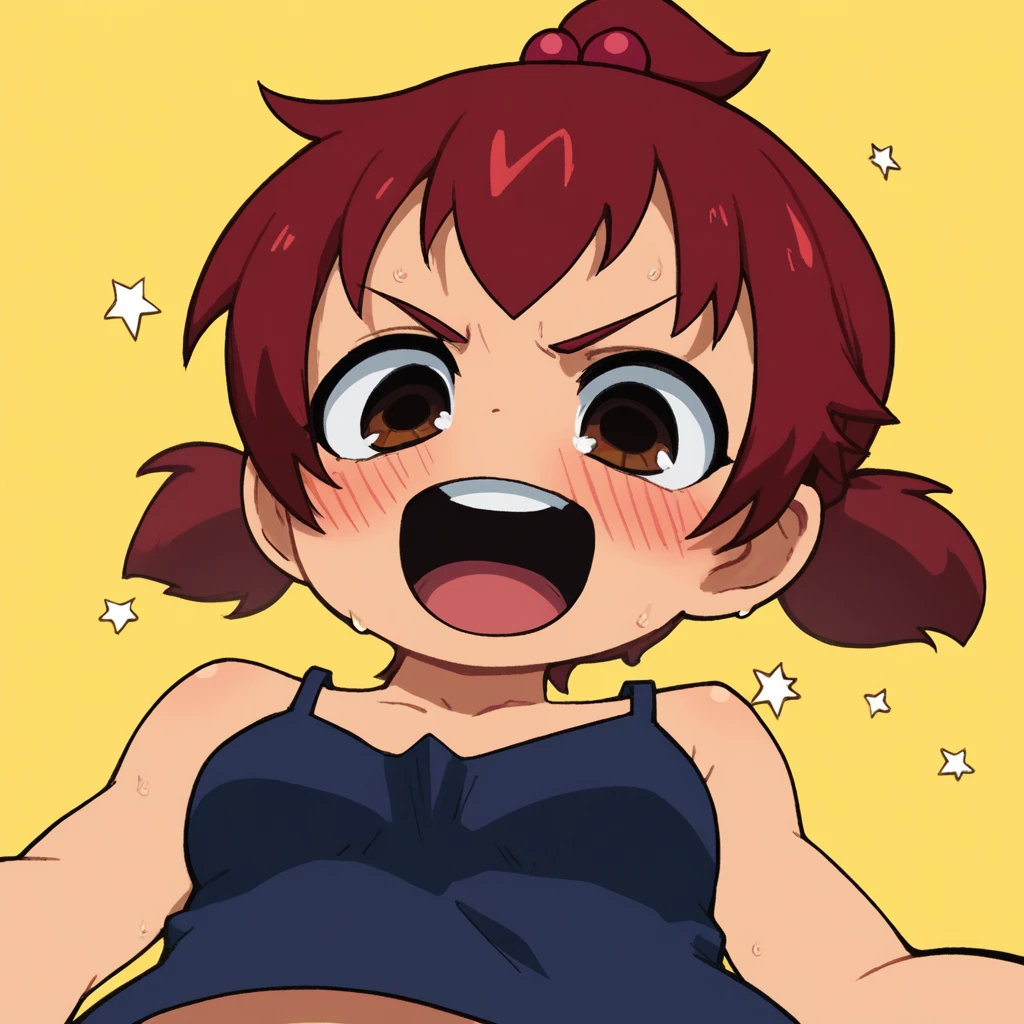 score_9, score_8_up, score_7_up, score_6_up, score_5_up, score_4_up, short hair, topknot, short twintails, dark red hair, red hair bobbles, hair ornament, brown eyes, camisole, blush, upper body, laugh, small breasts, (from below:1.3), underboob, sweat, looking down, yellow background, starry background, abstract background,