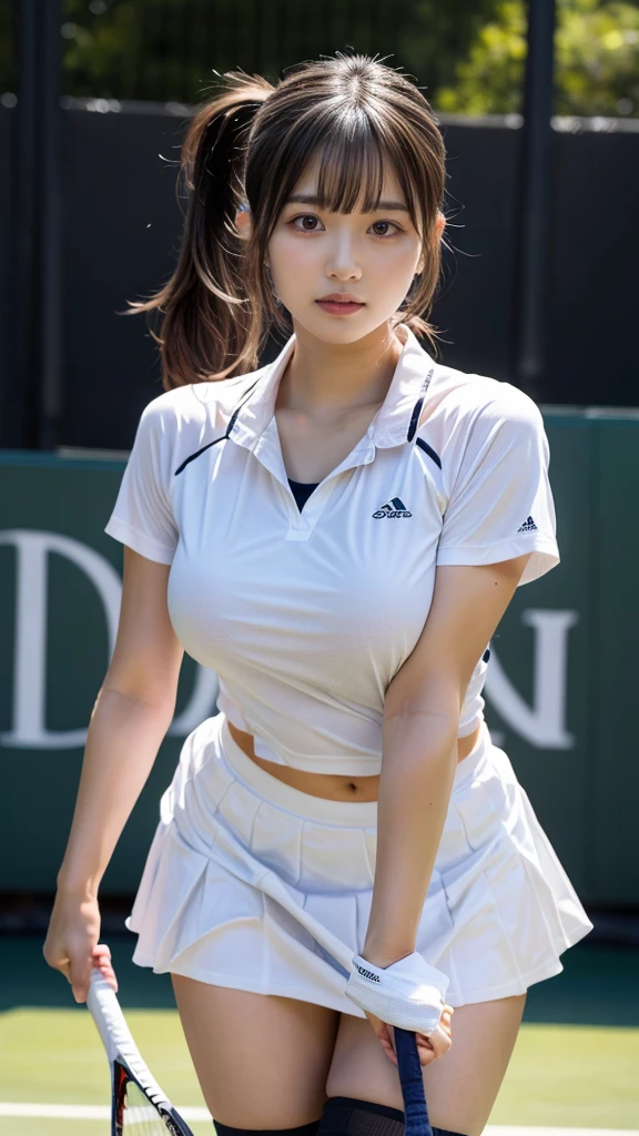 masterpiece, best quality, illustration, Super detailed, fine details, High resolution, 8K,wall paper, perfect dynamic composition, front view, standing, 18 year old girl, tennis player, Gravure Idol, cute type, (Details High quality, realistic depiction of eyes:1.3), (Colossal tits:1.2), expresses the roundness and softness of your chest., low ponytail, bangs, black hair color, Dark makeup, Big Natural Color Lip, thick thighs, perfect body shape, plump figure, large hips, beautiful clavicle, white tennis uniform, short sleeve, shirt, skirt, socks, tennis shoes, depth of fields, natural lighting